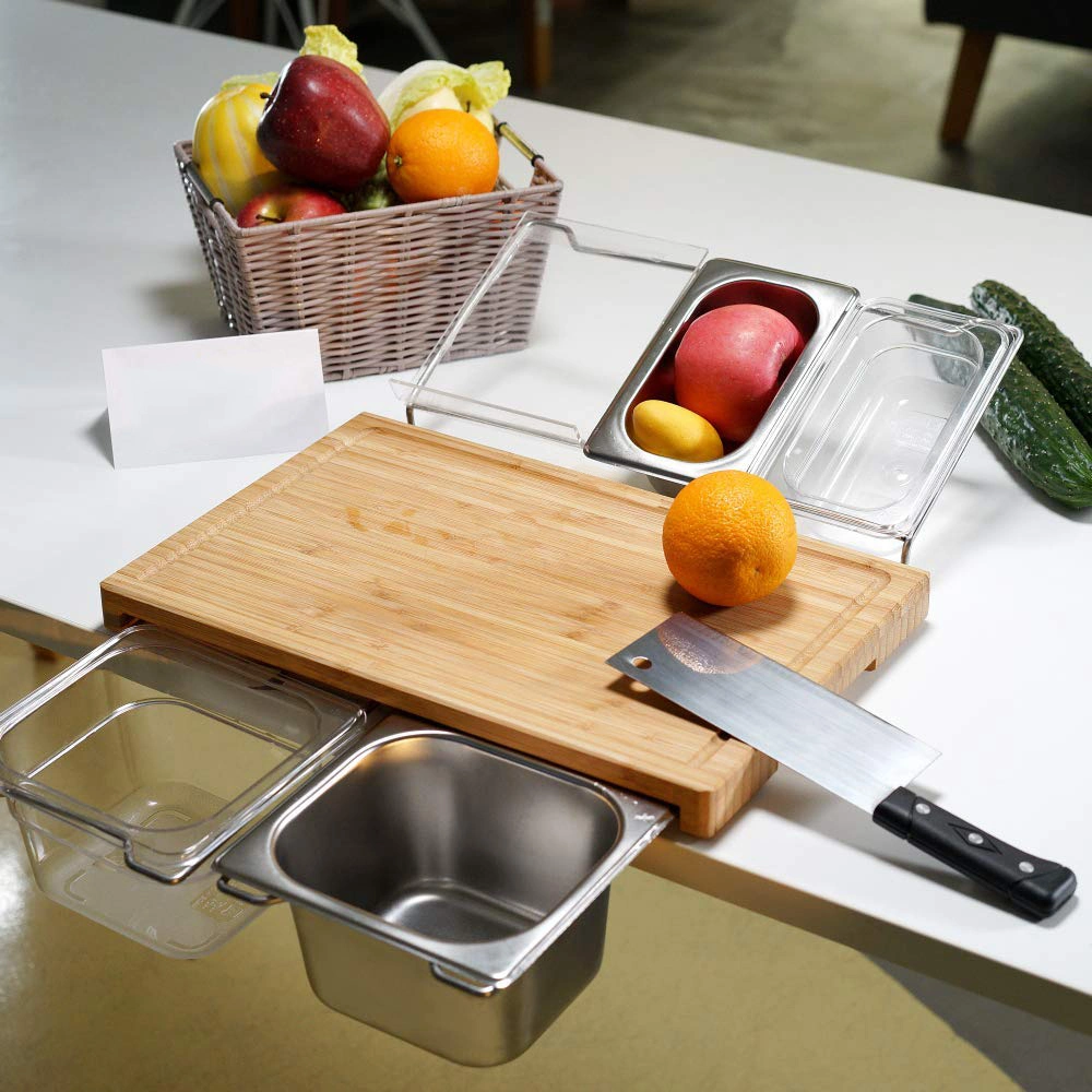 Kitchen Bamboo Cutting Board with Containers and Tableware